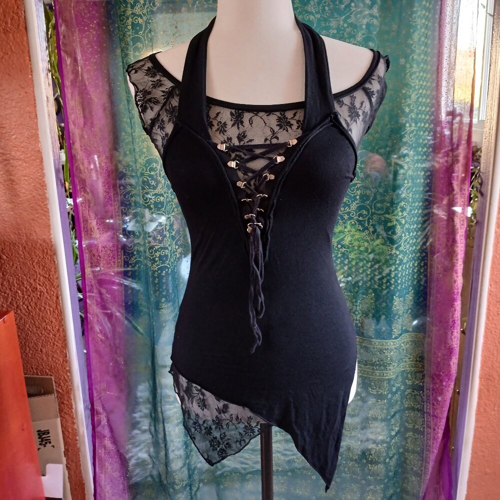 Gothic Lace Black Asymmetrical Halter Lip Service Top